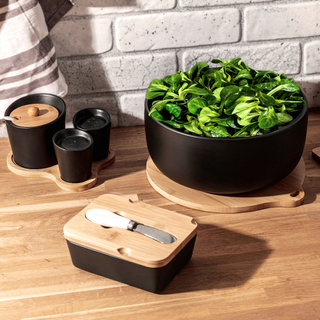 Zestaw cukiernica, solniczka i pieprzniczka na bambusowej podstawce Florina Adria czarny