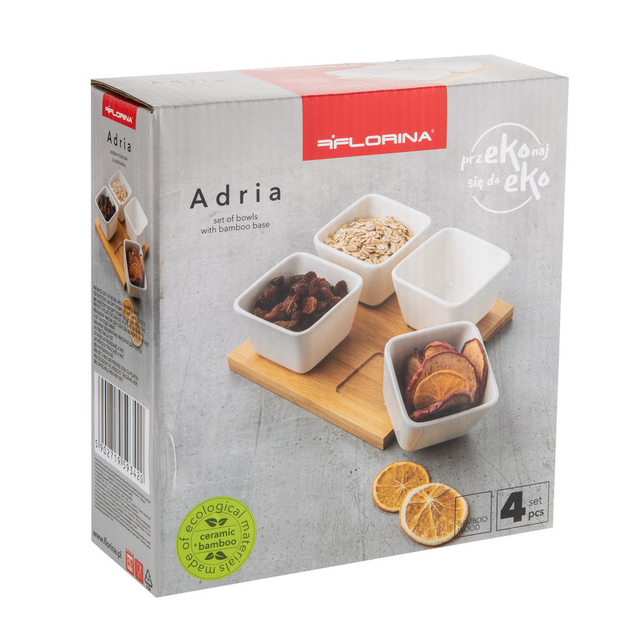 Komplet 4 miseczek do dipów na bambusowej podstawce Florina Adria kwadratowe