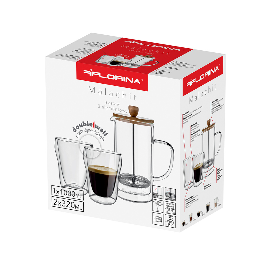 Komplet do napojów zaparzacz i 2 szklanki termiczne double wall Malachit 1000 ml; 2x300 ml