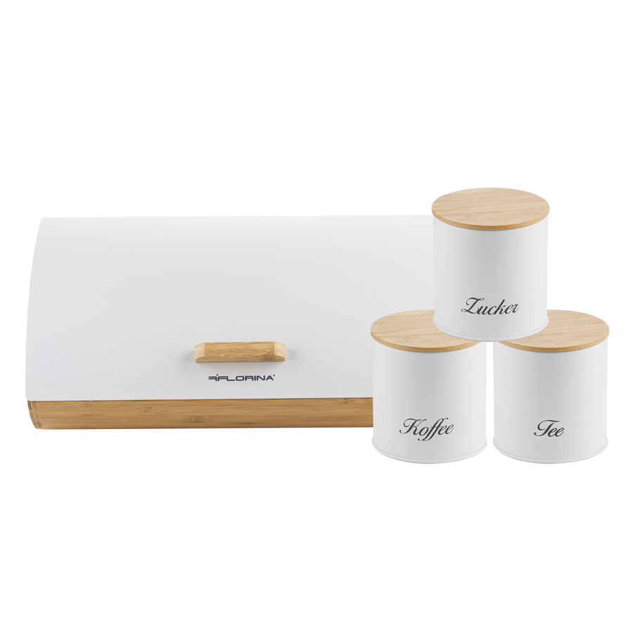 Zestaw kuchenny chlebak i 3 pojemniki – na kawę, herbatę i cukier Florina Elegant biały