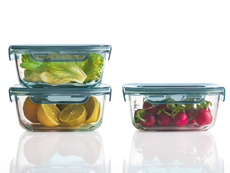 Zestaw pojemników do żywności Bormioli Rocco Frigoverre Evolution 12x12 cm; 18x14 cm; 18x18 cm; 14 cm