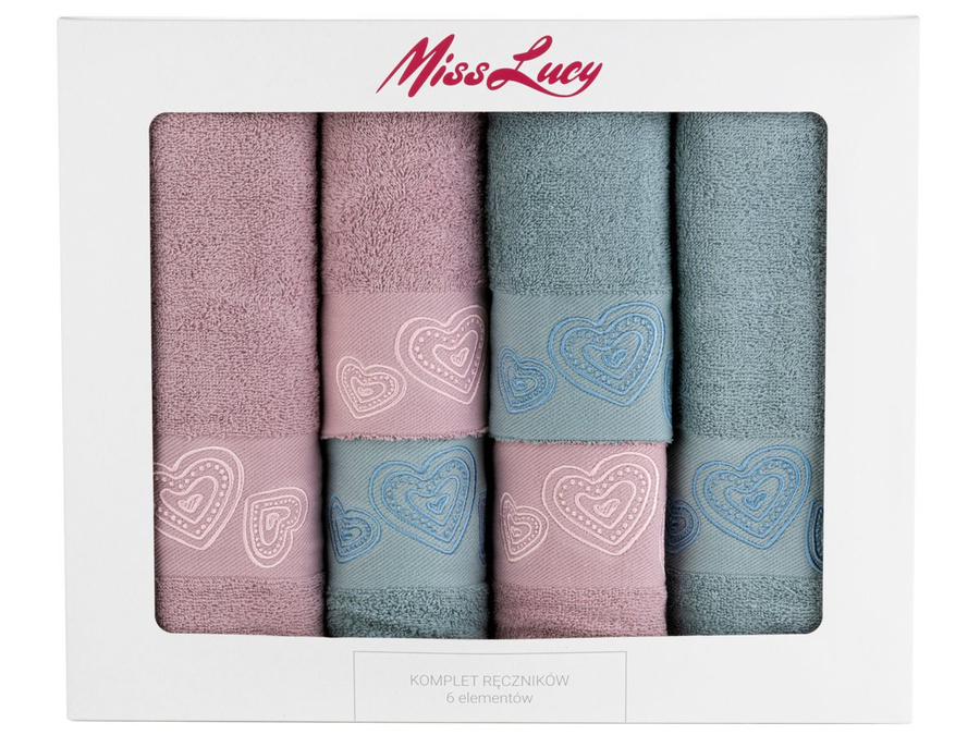 Komplet ręczników bawełnianych Miss Lucy Hearts 2x30x50cm, 2x50x90 cm, 2x70x140 cm 6 elementów róż i mięta 