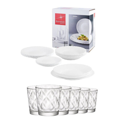 Komplet talerzy obiadowych i szklanek Bormioli Rocco Prima dla 6 osób
