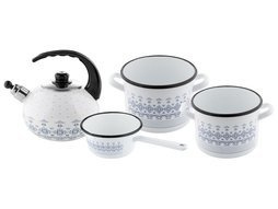 Zestaw garnków emaliowanych i czajnika emaliowanego na indukcję Emalia Polska Pleszew Majolica + łyżka szwedzka Florina 
