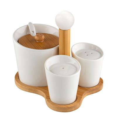 Zestaw cukiernica, solniczka i pieprzniczka na bambusowej podstawce Florina Adria 